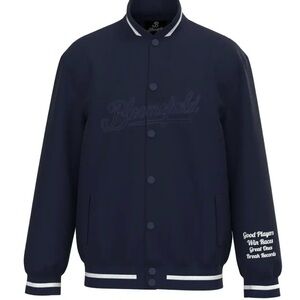 Blue Varsity Bomber Jacket with Ribbed Trim with embroidered logo.